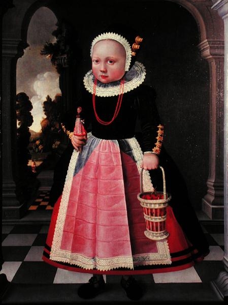Portrait eines kleinen Madchens mit einer Puppe und einem Korb